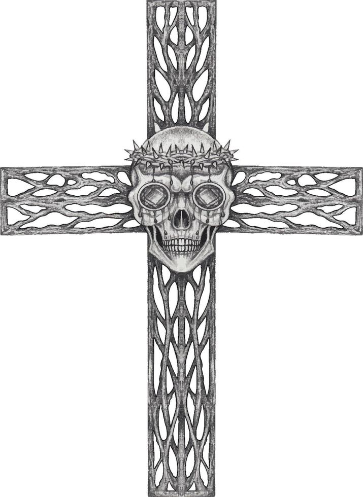Art surreal skull cross. Hand drawing and make graphic vector. vector