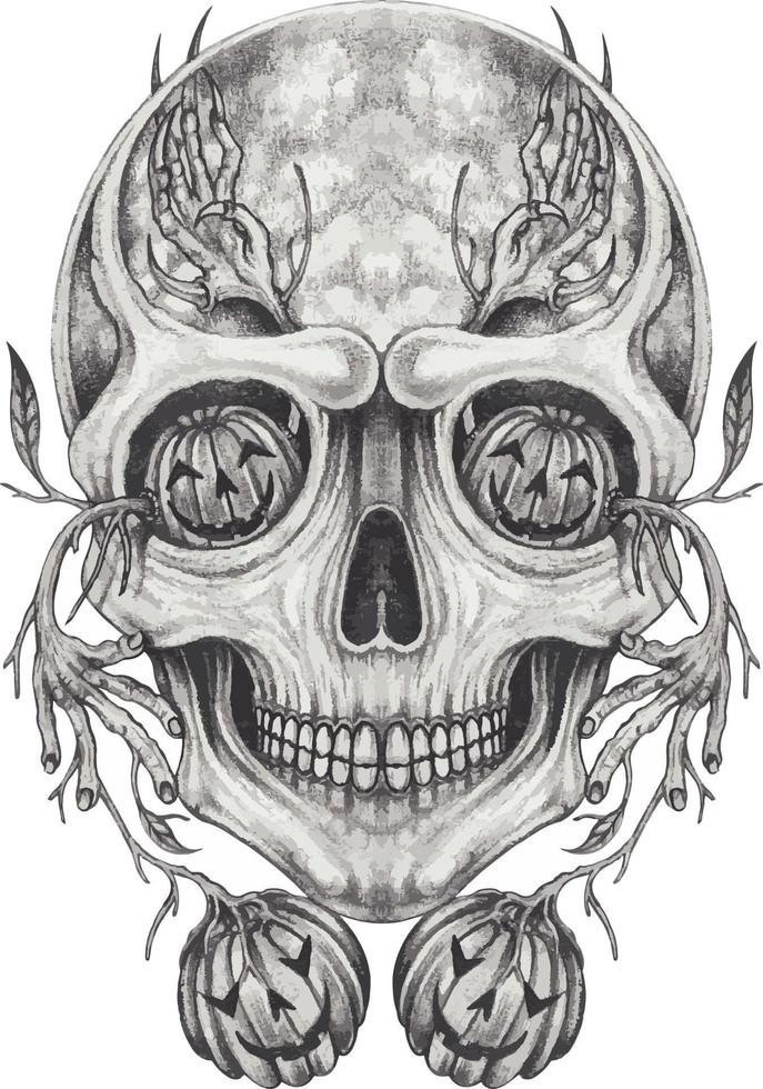 Art surreal pumpkin mix skull. Hand drawing and make graphic vector. vector