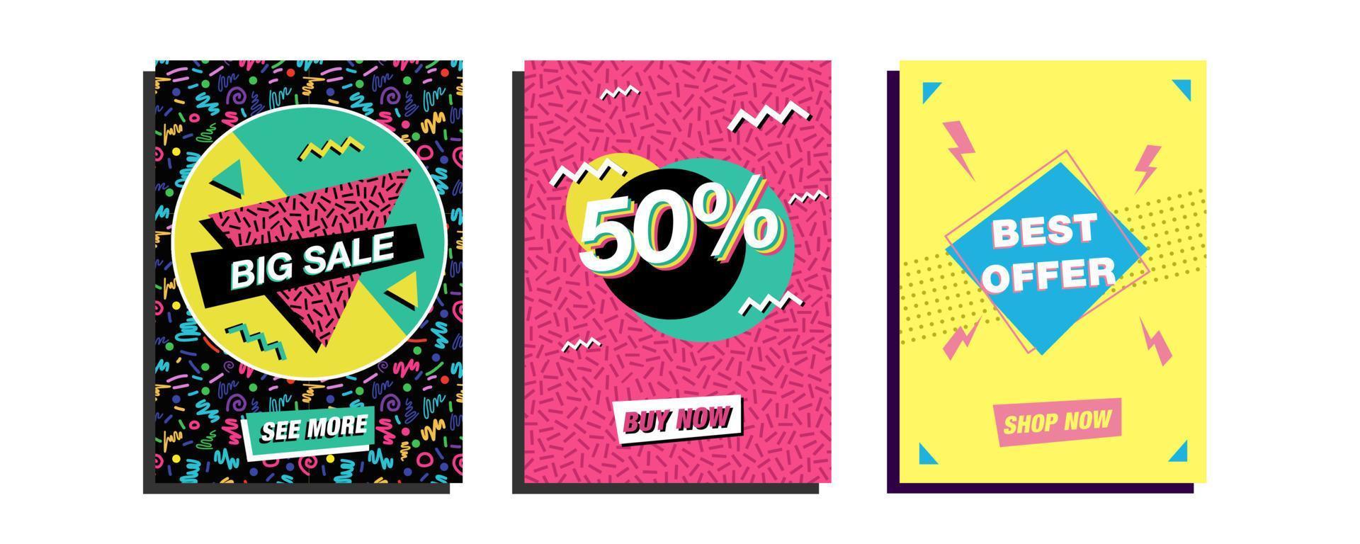 Collection of abstract vinatge illustrations. Set of graphics for flyers, poster, banners web. Discount, Sale, Black Friday, Clearance vector templates in 90's retro nostalgia style