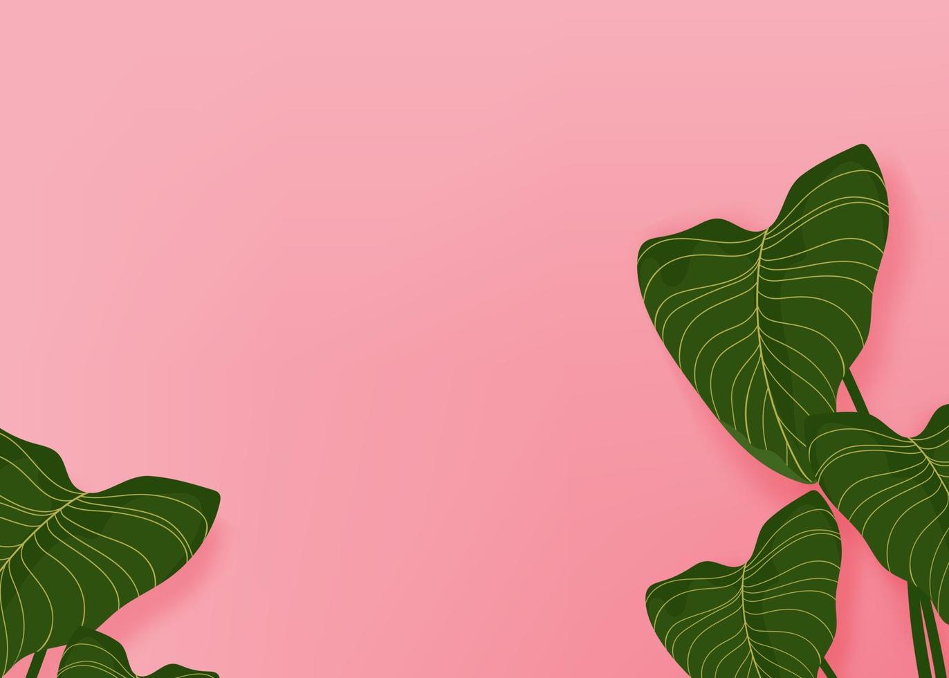 Tropical Green Leaves On Pink Background,Vector Illustration Template Top view with copy space for Summer Cosmetic, Beauty Product Background, Greeting Card,Party Poster,Banner,Invitation or Backdrop vector