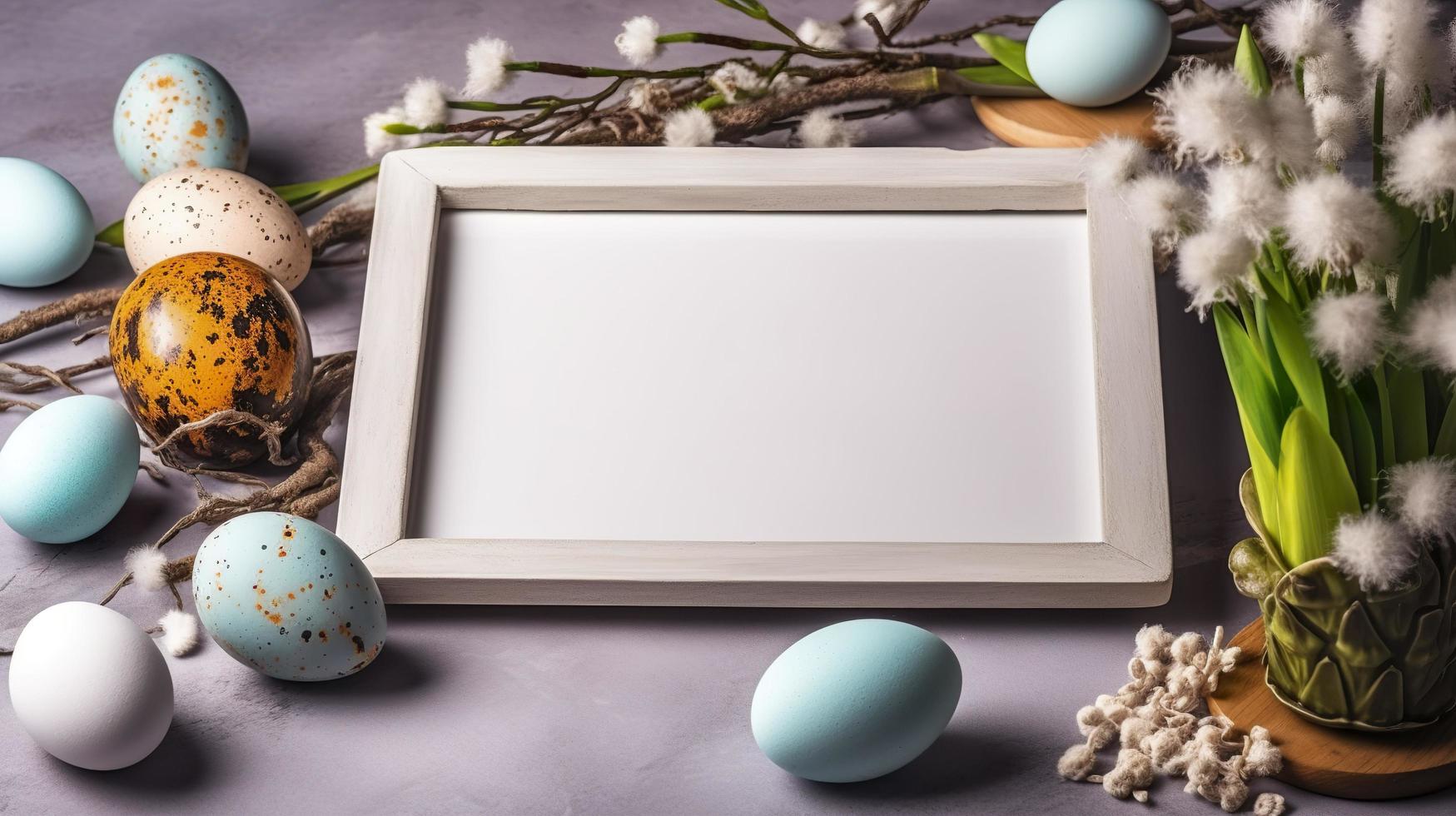 Free photo frame between easter eggs on plate near little stones in bowl and flower twigs, generat ai