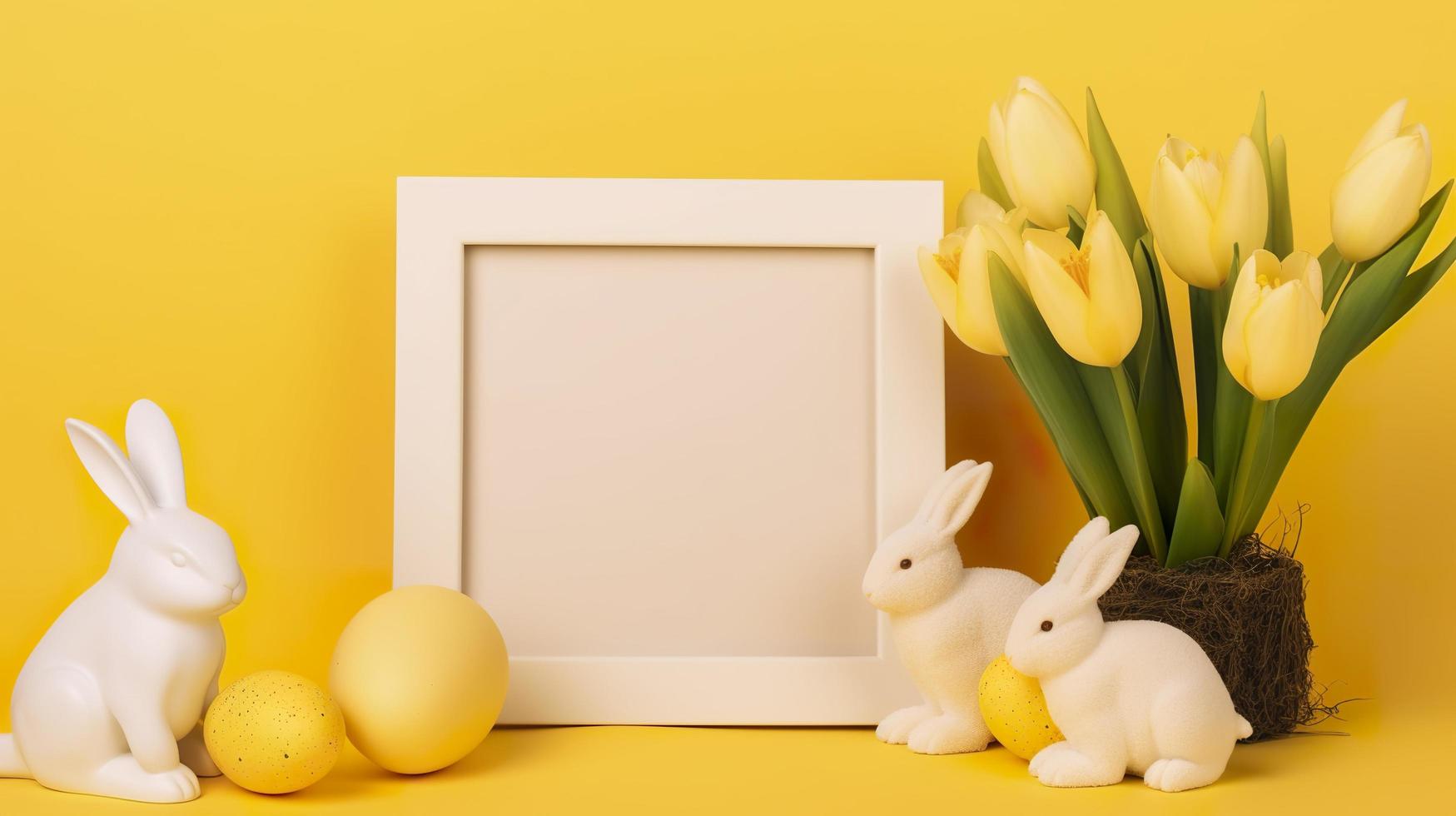 Free photo an empty white border frame decorated with lily flowers, rabbit figurine and easter eggs on yellow background, generat ai