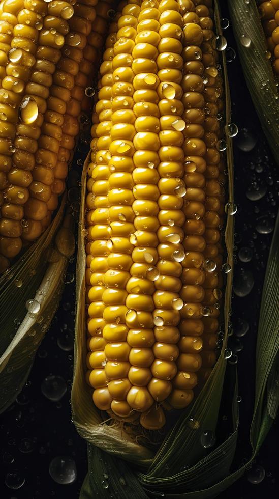 Fresco maíz sin costura fondo, adornado con brillante gotas de agua. parte superior abajo vista, generar ai foto