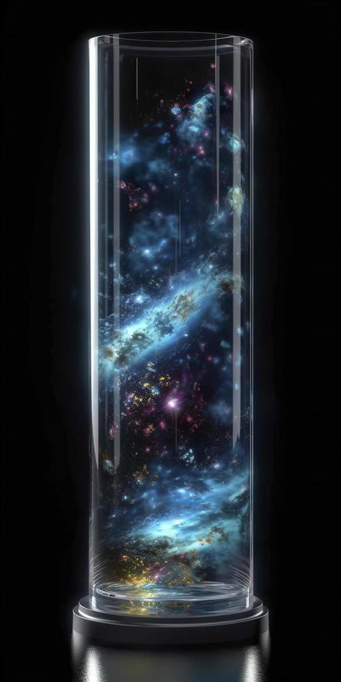 Glass tube contained the oceans, earth, wind, fire, ether, entire nature universe with stargazing nebula and stars, galaxies, generate ai photo