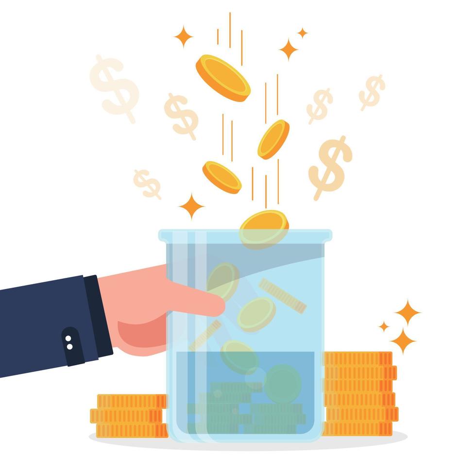 Business man take  Glass money jar full of gold coins. Save dollar coins in moneybox vector illustration.