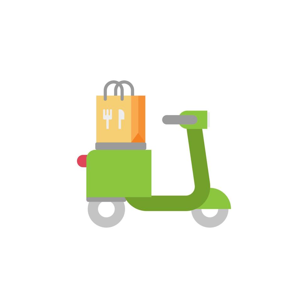 Food delivery, bag, eat, food, motorbike color vector icon illustration