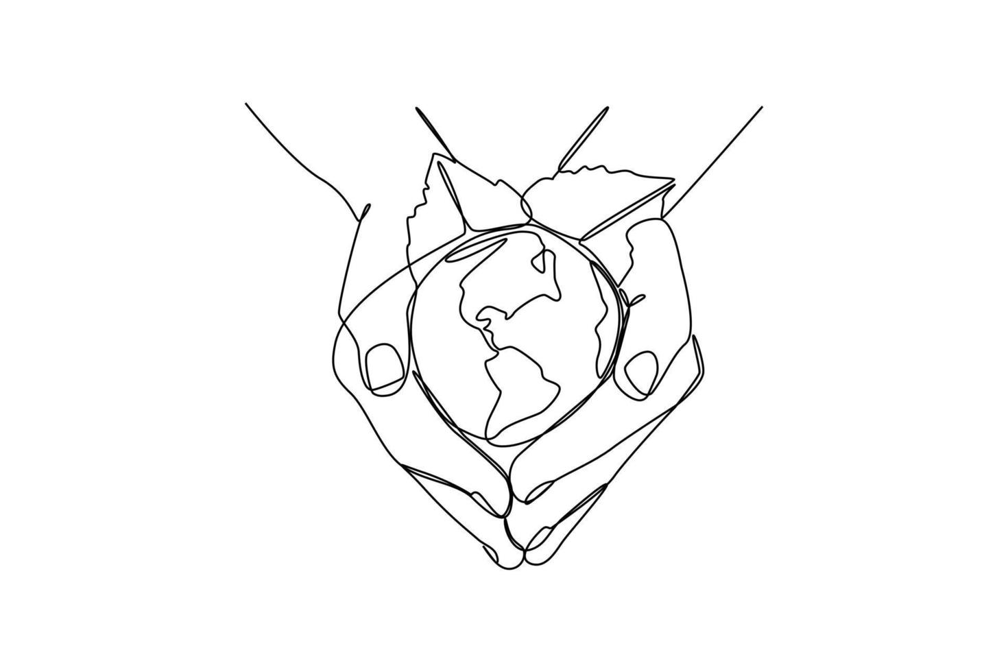 Single one line drawing happy hand hold earth. Earth day concept. Continuous line draw design graphic vector illustration.