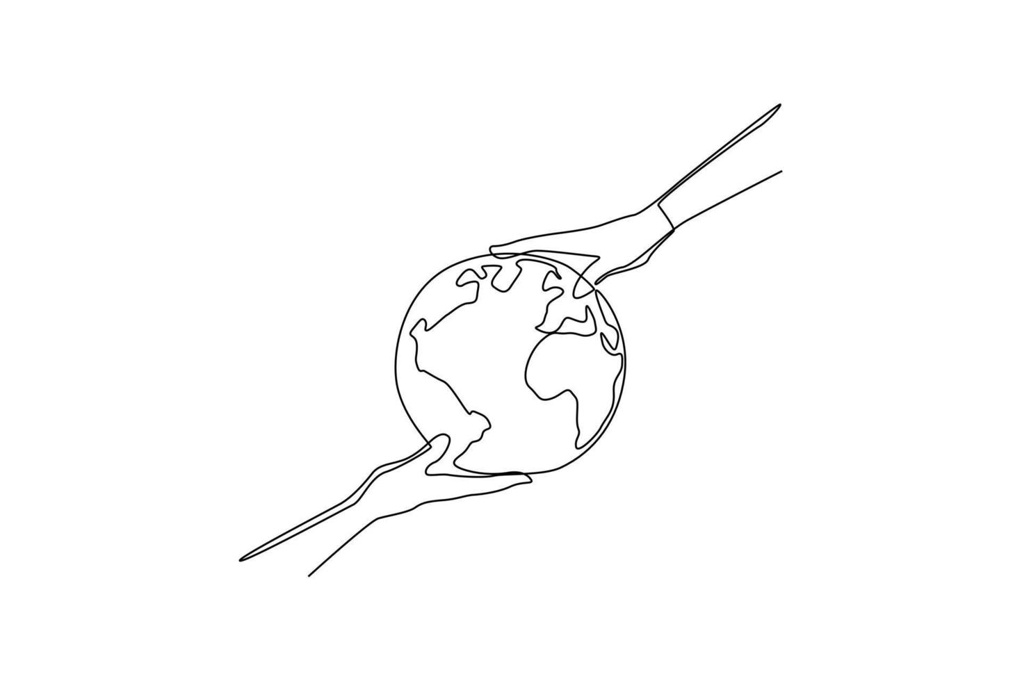 Single one line drawing hand and earth. Earth day concept. Continuous line draw design graphic vector illustration.