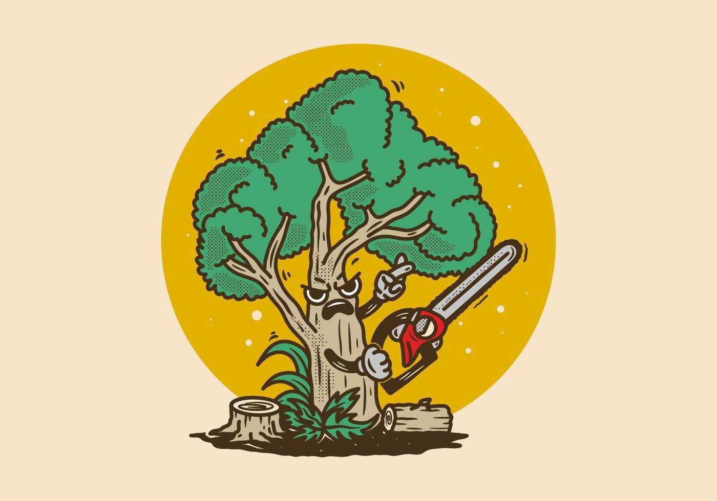 Mascot character design of a big tree holding chainsaw vector
