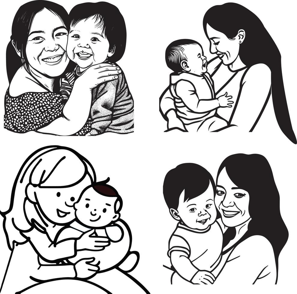 Mom And Child Line Art Vector
