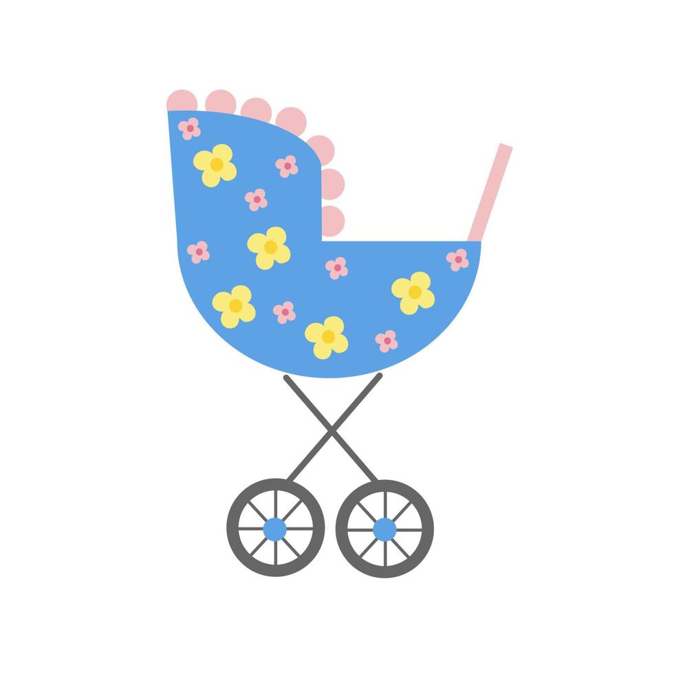 Baby carriage. Cute blue baby stroller with floral design. Cartoon flat vector illustration. Babies, baby shower, newborn and baby room design concept. Design element on isolated white background