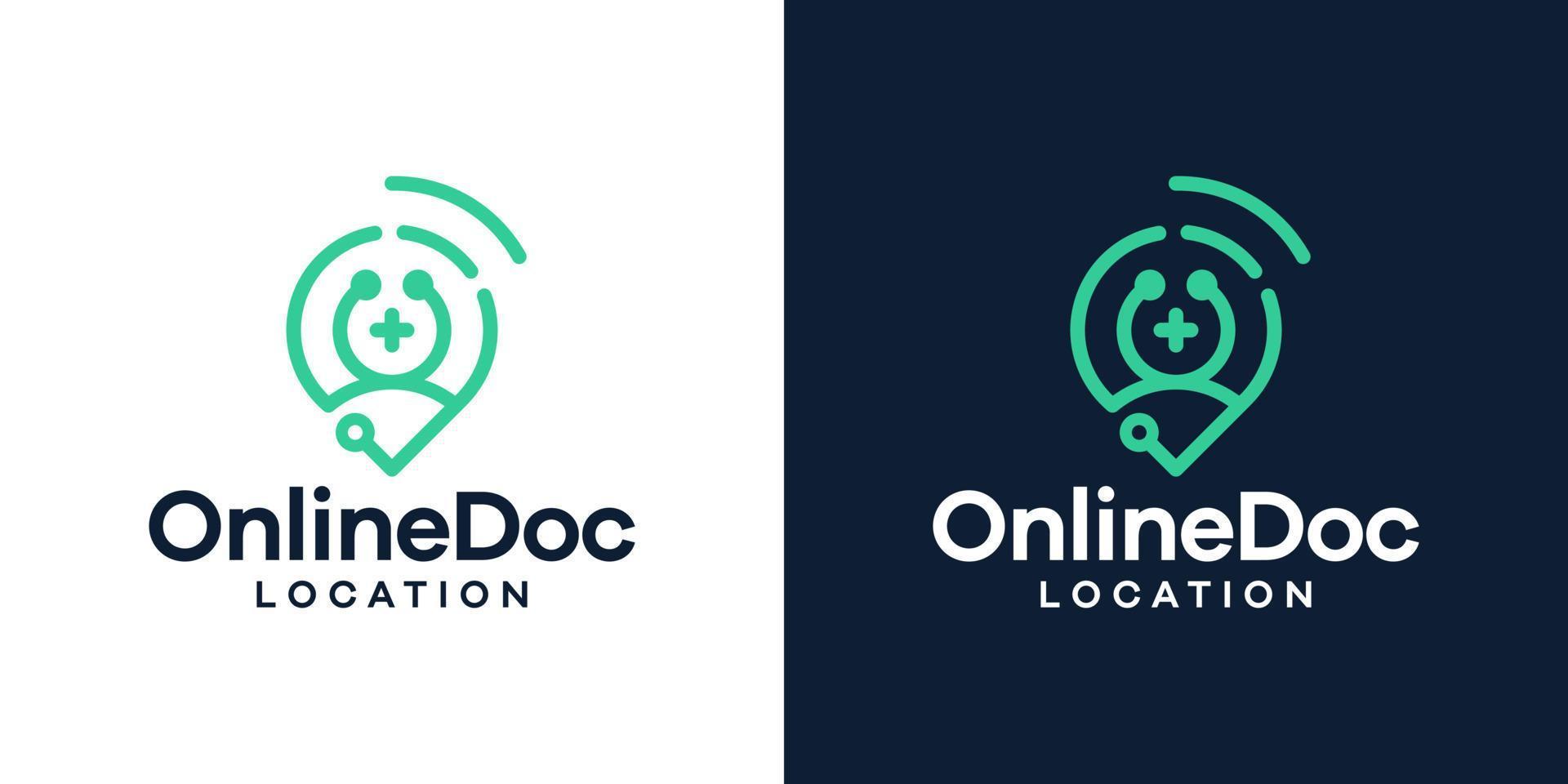 Stethoscope logo design template with signal wifi and pin location design vector illustration. Symbol online doctor location, icon, creative.