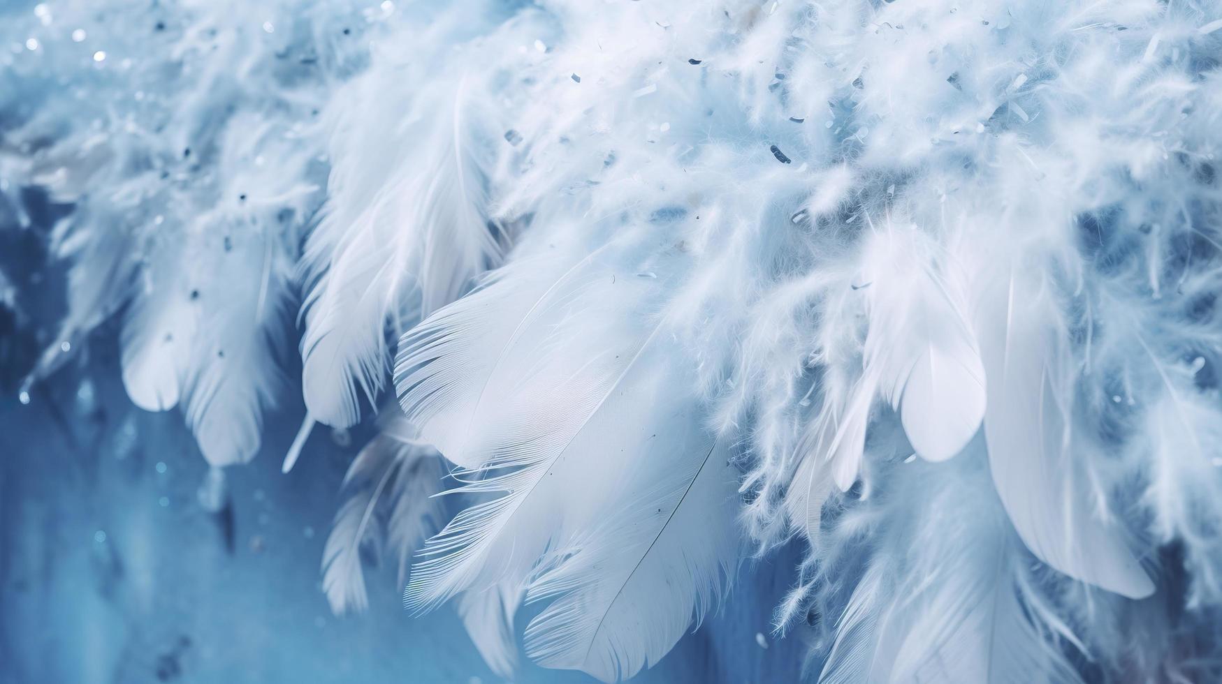 a bright blue background with one white feather, in the style of soft and dreamy pastels, glimmering light effects, nature inspired imagery, fairycore, soft focal points, generate ai photo