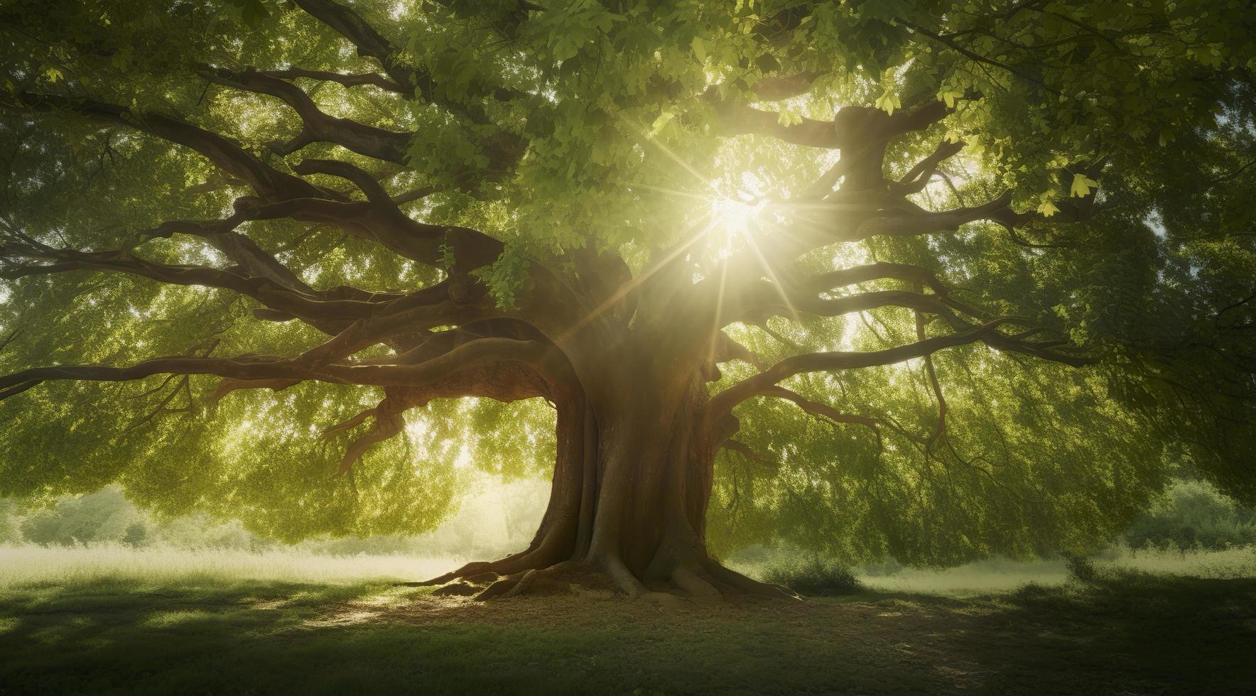 a large tree with bright sun rays, in the style of pastoral charm, dark green and light green, quietly poetic, combining natural and man made elements, generat ai photo