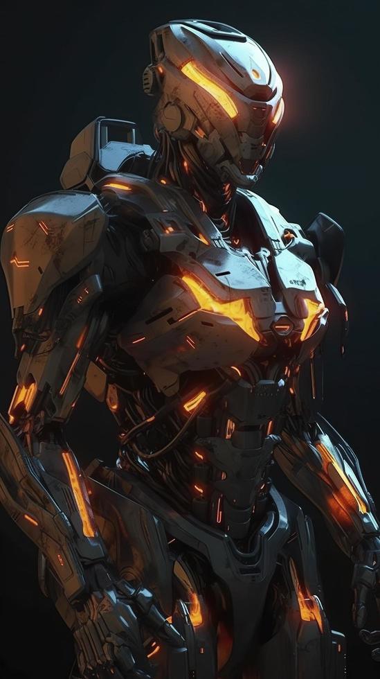 a robot armoured with orange and black lights, in the style of anime art, wlop, sharp lines, 8k resolution, the new fauves, exaggerated poses, generate ai photo