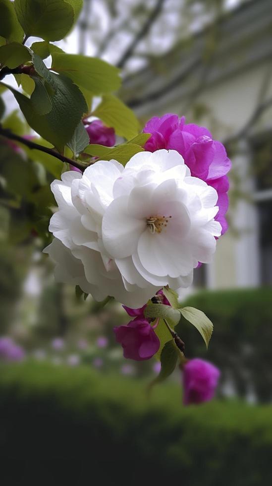 Chinese Suzhou garden, purple begonia flower, petals high definition, background blurred white walls and windows, soft beautiful light, generat ai photo