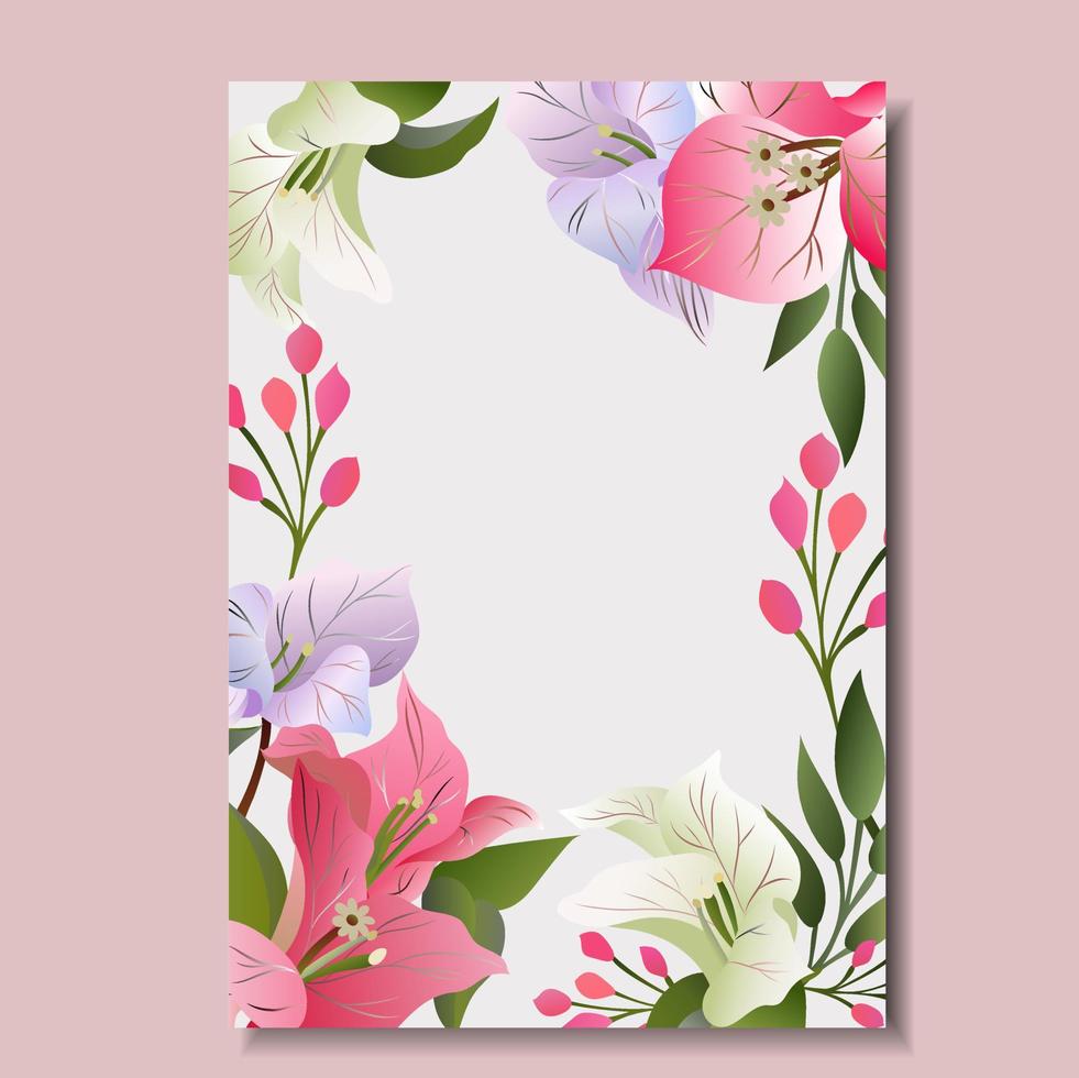 Vector template for wedding invitation. Frame with Bougainvillea flower branches, green leaves and plants.