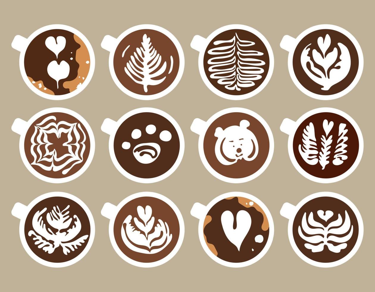 Set of coffee latte art in white cups. Top down view. Variety of patterns of milk foam on coffee. Fashion vector illustration. Separate isolated elements for use in the web, applications.
