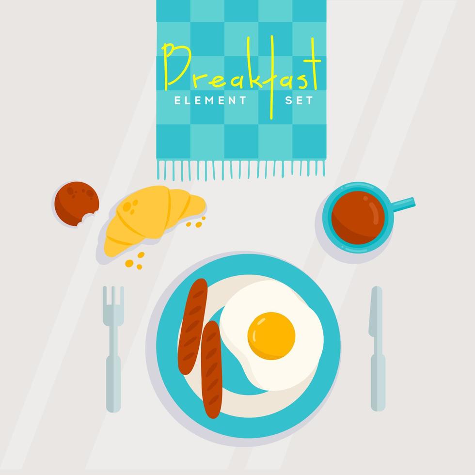 Breakfast elements set, plate with egg and sausages, croissant and cookie vector