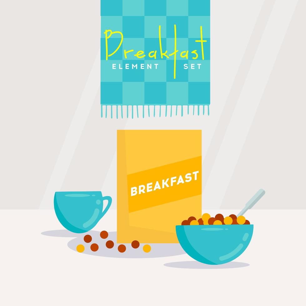 desayuno elementos conjunto con taza y cuenco de copos vector