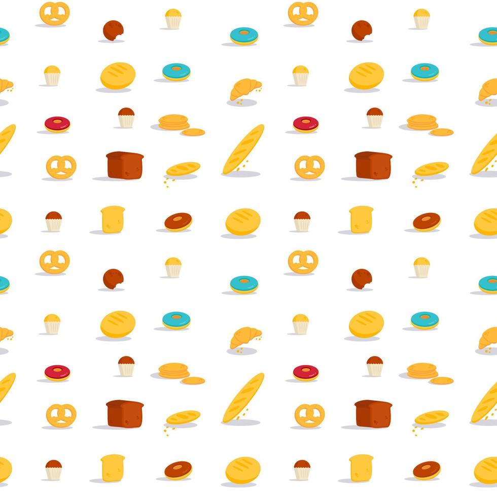 Bakery seamless pattern with bread, baguette, croissant, cookie and donuts vector