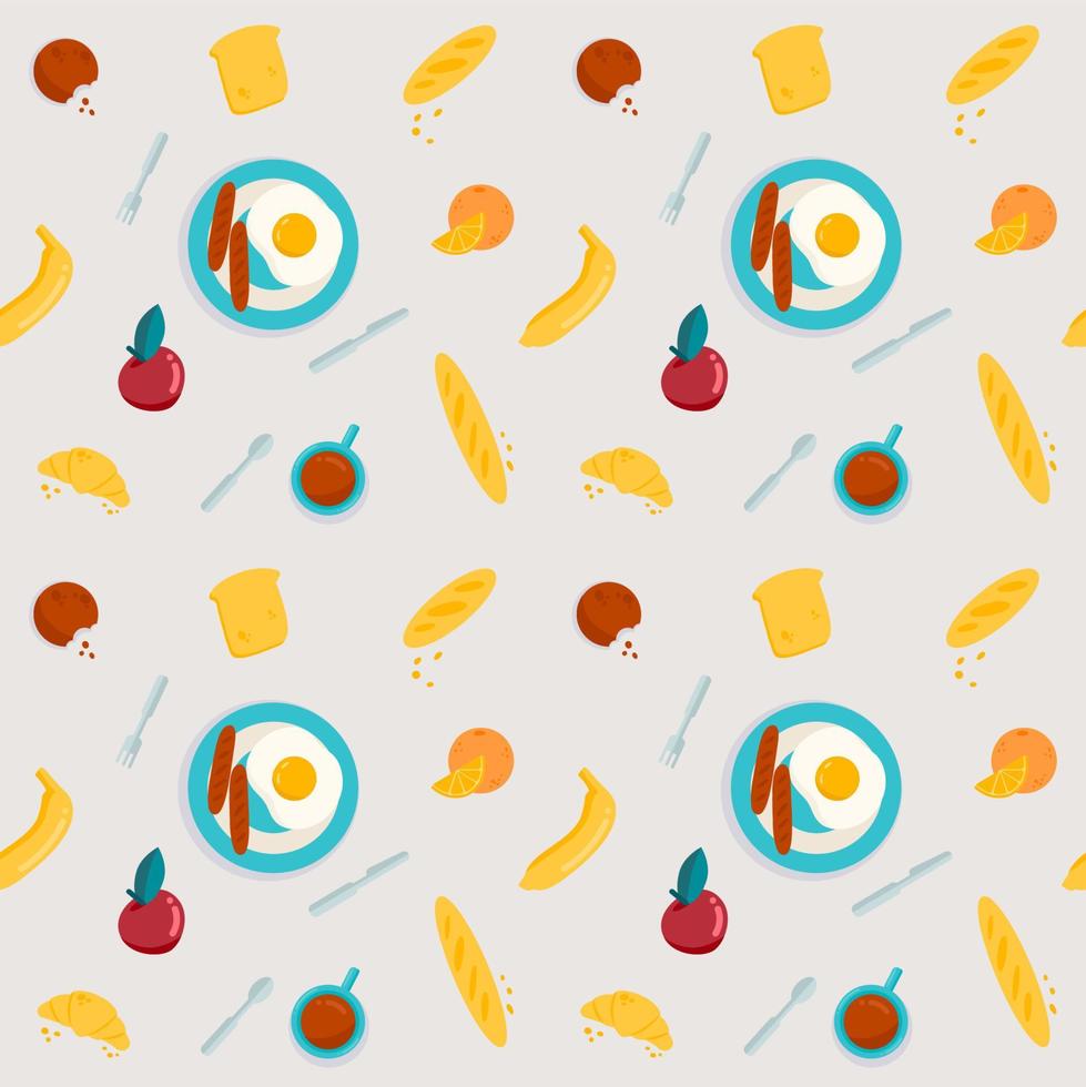 Breakfast elements seamless pattern with apple, orange, banana, baguette, bread, croissant, cookie, egg and sausages vector