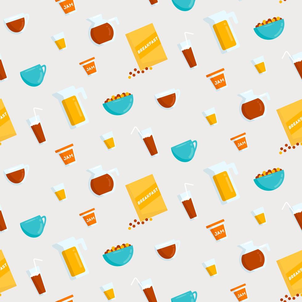 Breakfast elements seamless pattern with coffee, juice, jam and flakes vector