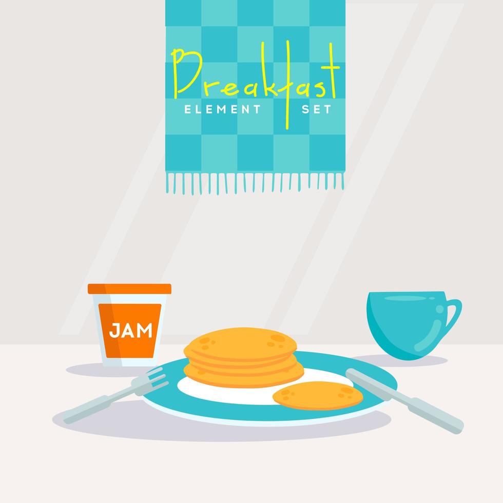 Breakfast elements set, plate with pancakes, jam and cup vector