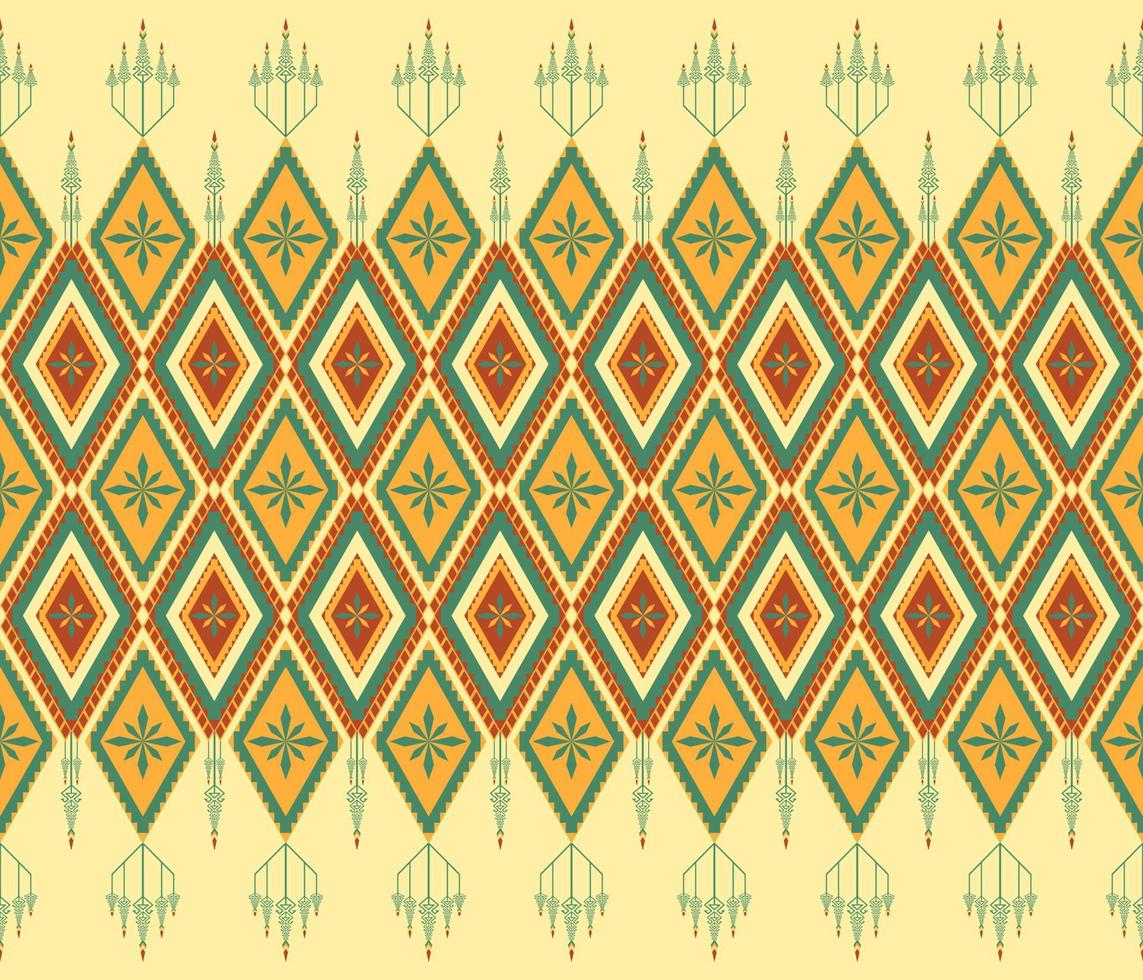 Ethnic folk geometric seamless pattern in red, green and yellow tone in vector illustration design for fabric, mat, carpet, scarf, wrapping paper, tile and more