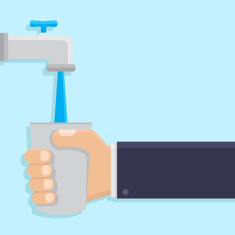 Save water concept, hand hold water droplet on tap, flat design vector illustration