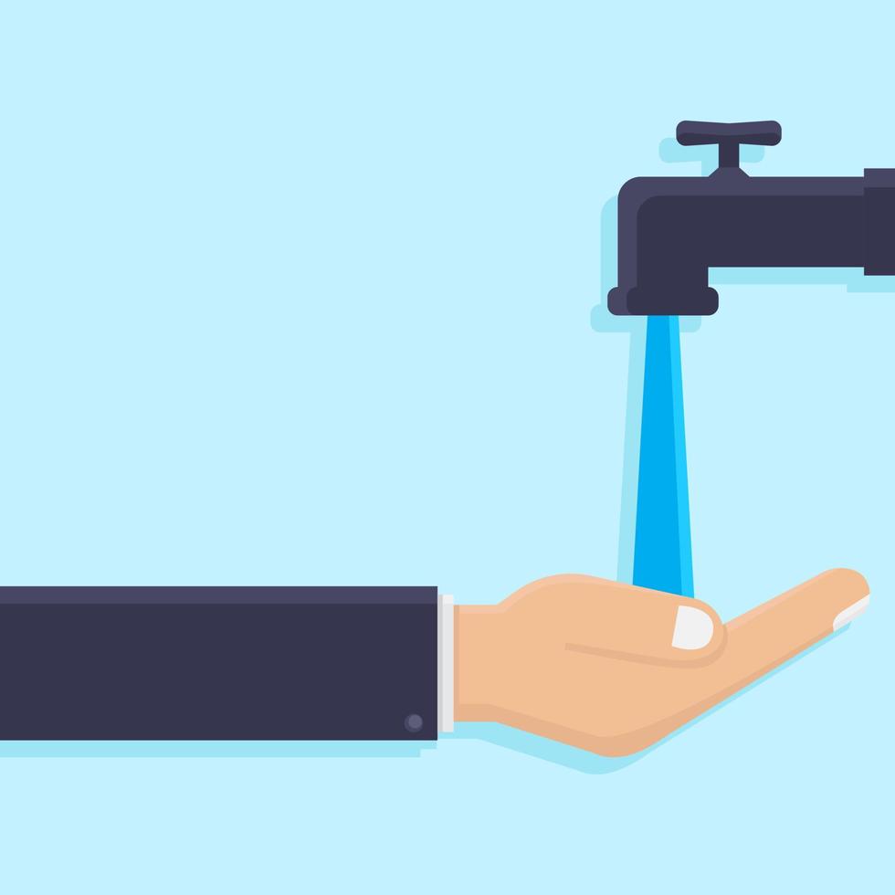 Save water concept, hand hold water droplet on tap, flat design vector illustration