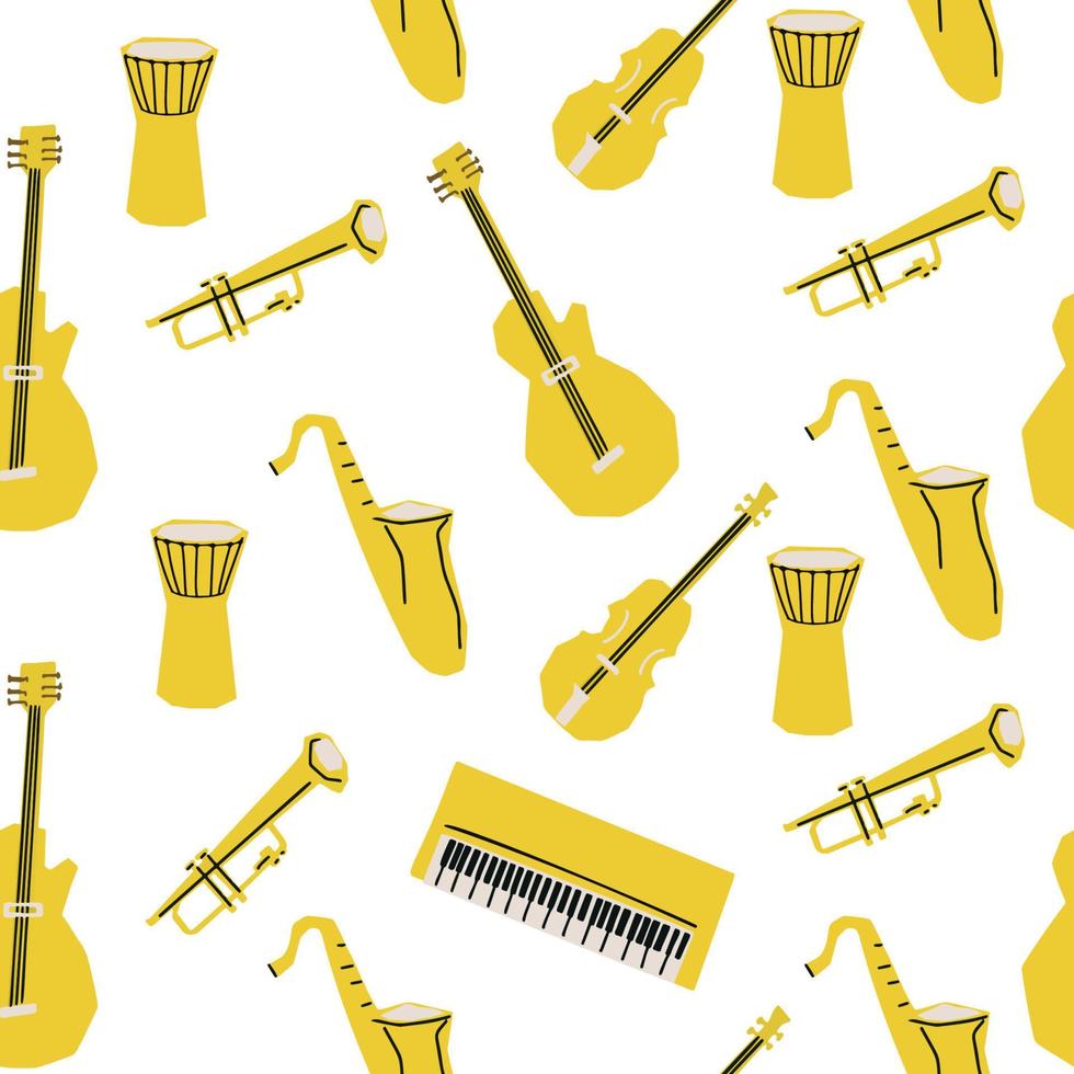 Seamless pattern with Illustration of musical instruments in cutting style yellow color on white background vector