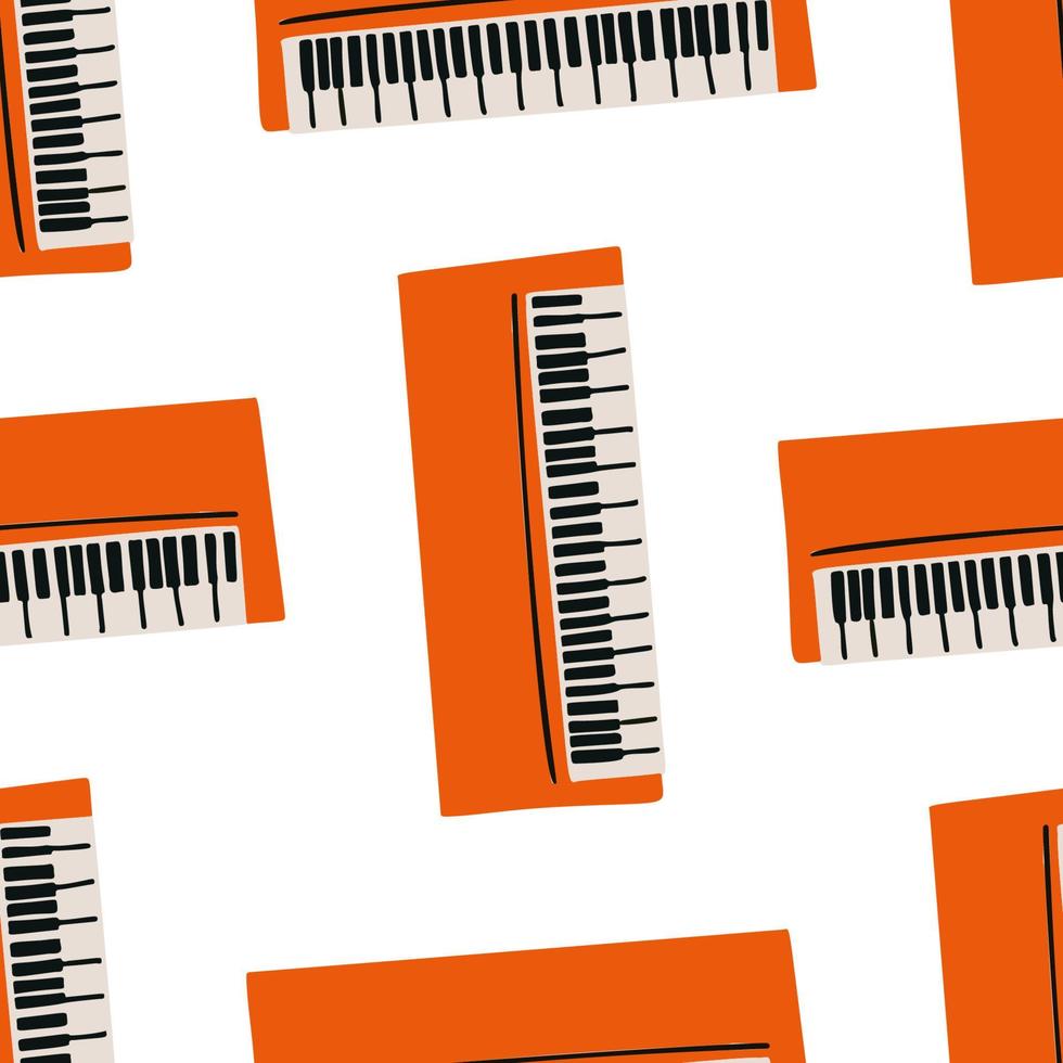 Seamless pattern with illustration of musical instrument synthesizer in cutting style orange on white background vector