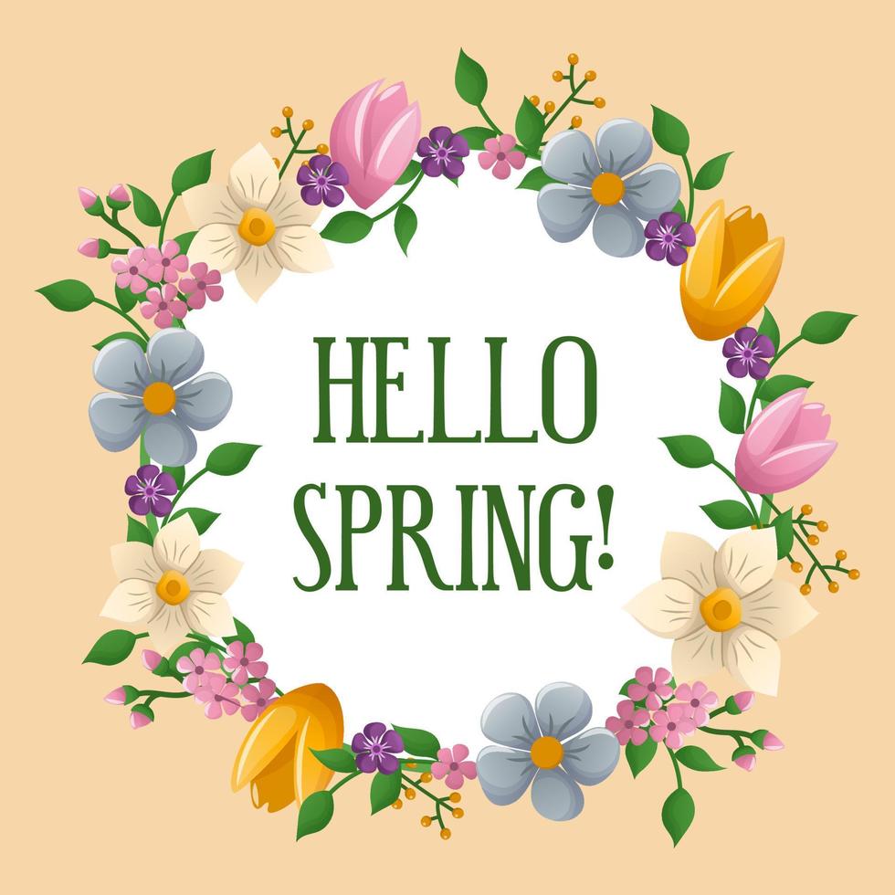 Greeting card with inscription of Hello Spring. Cute vector illustration with flowers, tulips, daffodils. Template, frame.