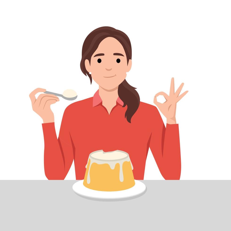 Woman eating pudding on the table with ok sign vector