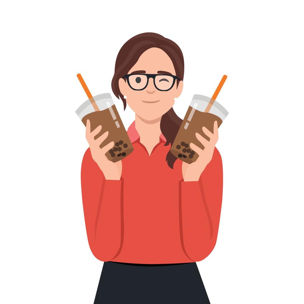 Illustration of a girl holding tapioca pudding or boba drink milk vector