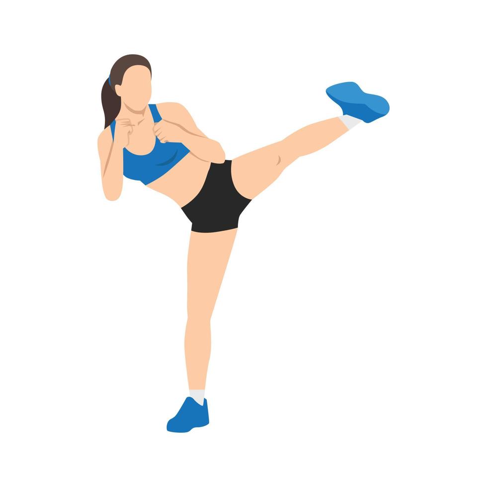 Woman doing Roundhouse side kicks. Side kick. Sport exersice. Woman doing exercise vector