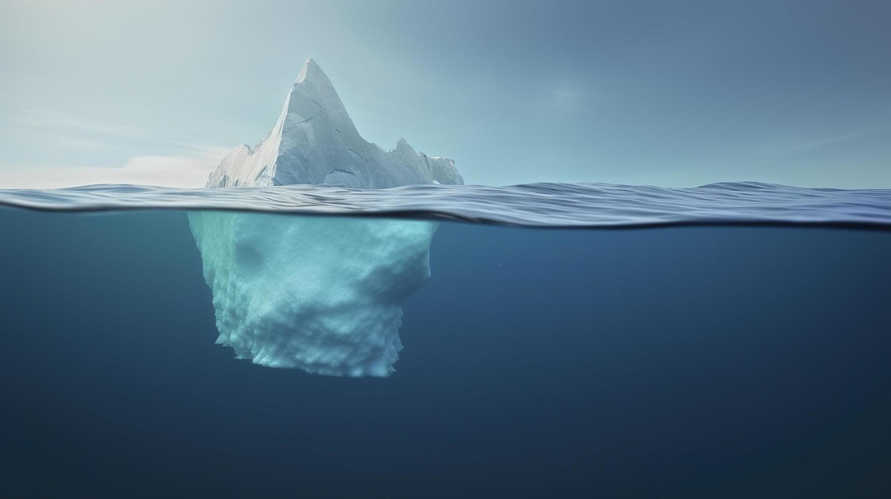 iceberg con encima y submarino ver tomado en Groenlandia. iceberg - oculto peligro y global calentamiento concepto. iceberg espejismo creativo idea, generar ai foto