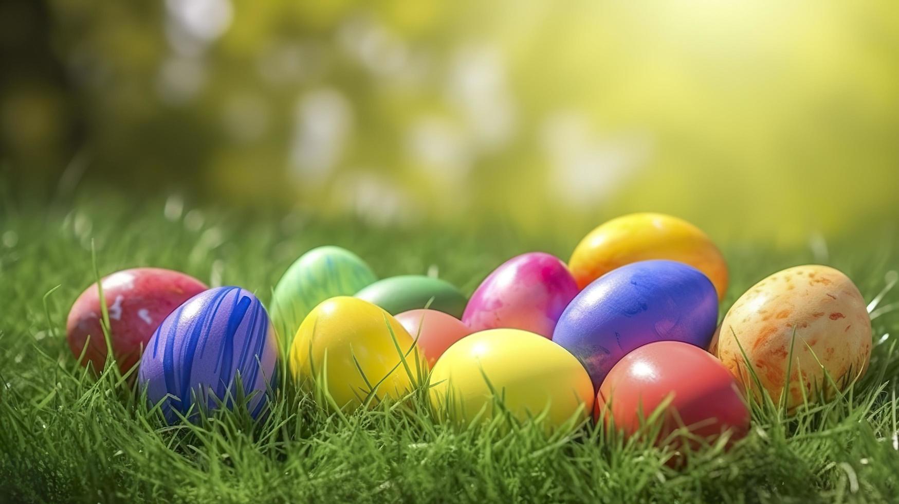 Color easter eggs on grass, generat ai photo