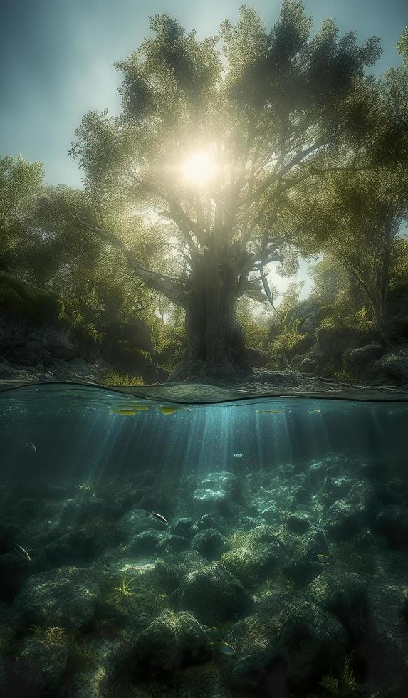 big fish swimming below the surface with trees and sunlight, in the style of otherworldly landscapes, generat ai photo