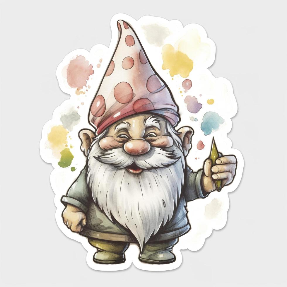 Gnome Watercolor, Sticker, Joyful, Muted Color, Retro, Contour, White Background, generat ai photo