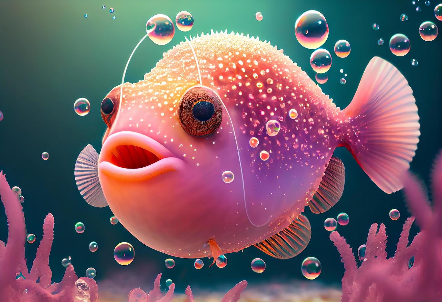 A surrealistic hyperrealistic fairytale cute anglerfish. The background is a landscape with peach, pink and iridescent soap bubbles floating around, generat ai photo