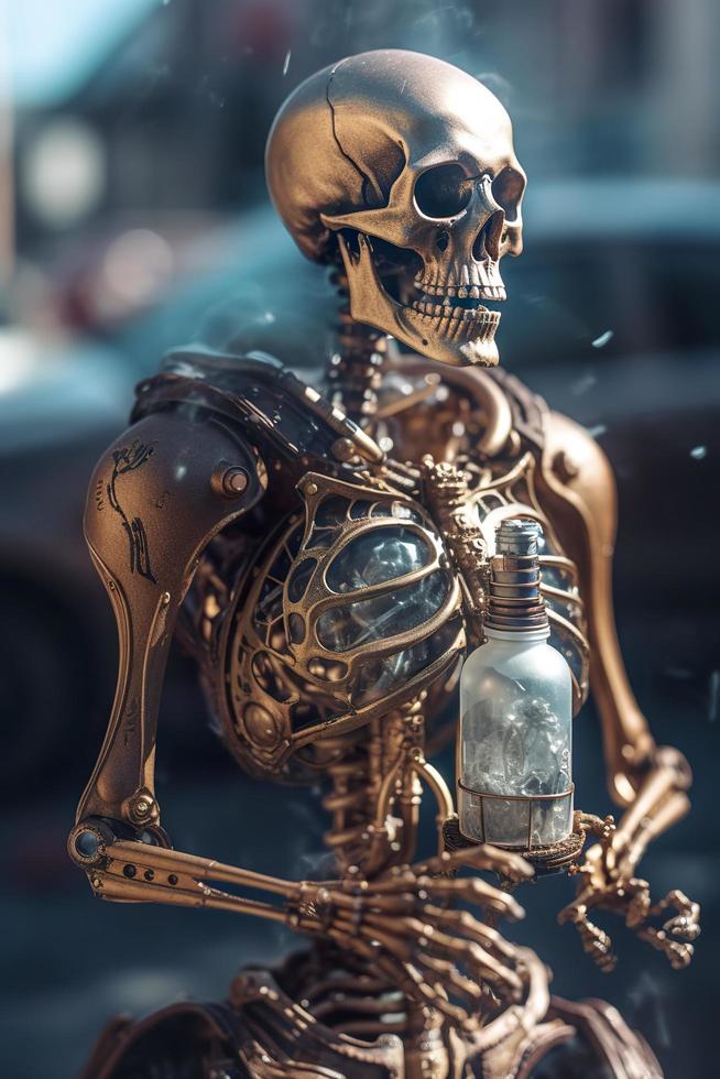 fairytale steampunk robotic skeleton emerges from the liquid copper. steamy heart and lungs inside his chest. walking through the steampunk city, generate ai photo