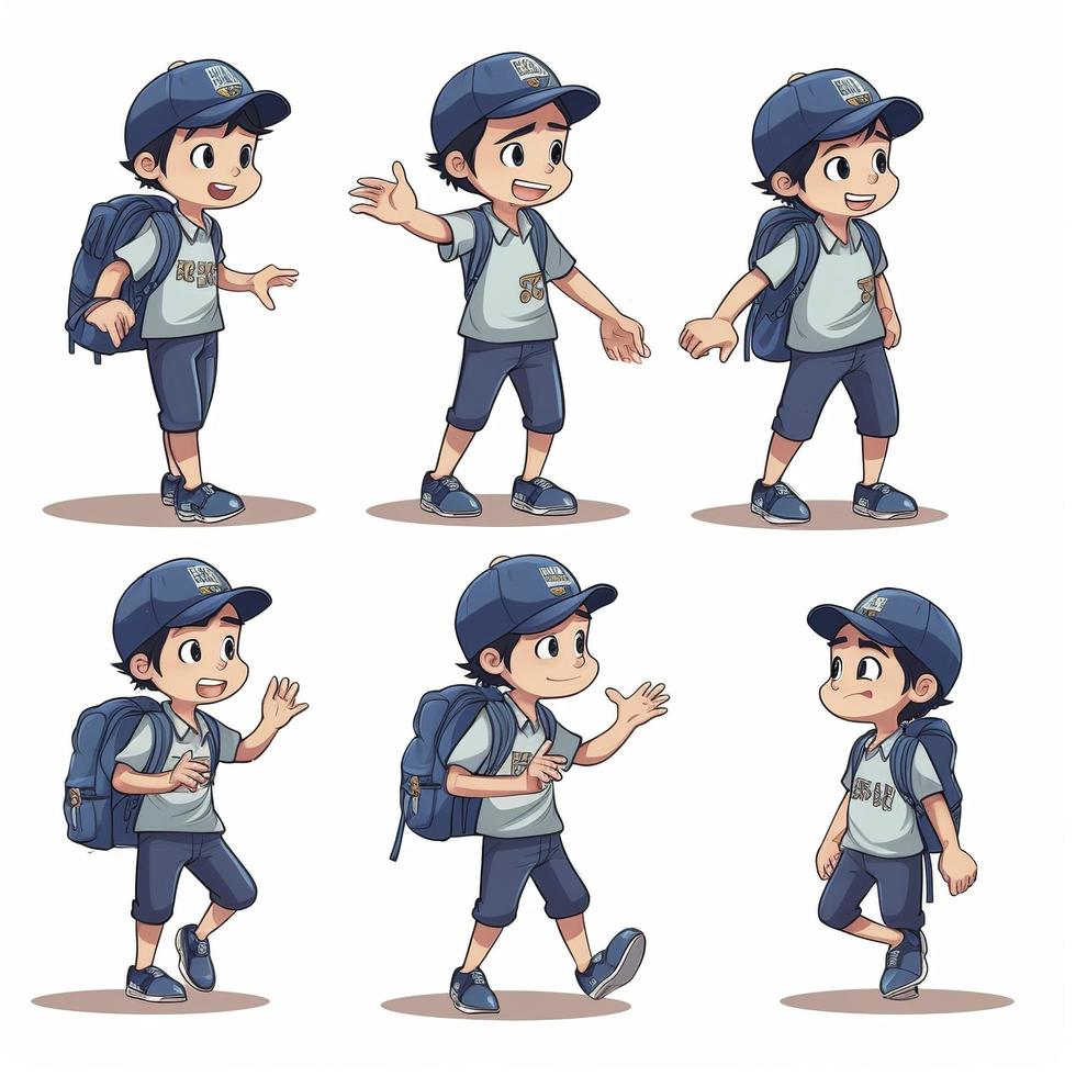 little boy character, multiple poses and expressions, children book illustration style, simple, cute, 5 year old, full color, generate ai photo