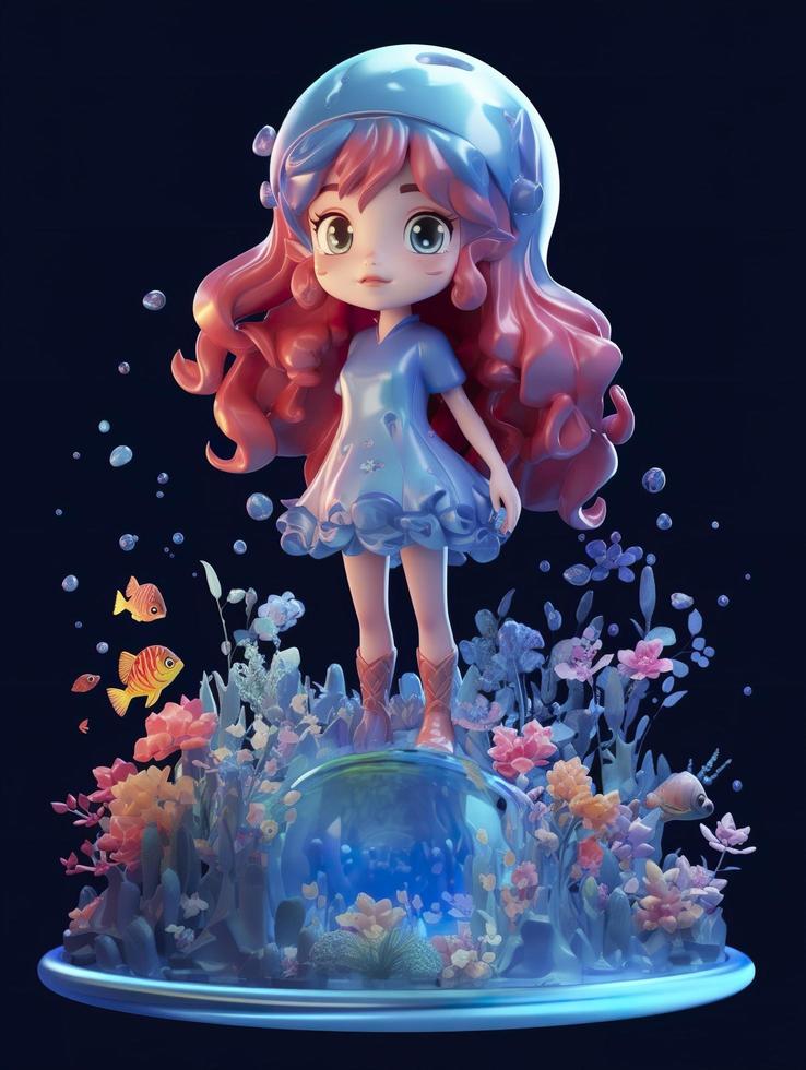 Very cute ocean element sprite girl with long hair on underwater world, gradient color, glowing transparent coral and flowers, growing upwards, generate ai photo