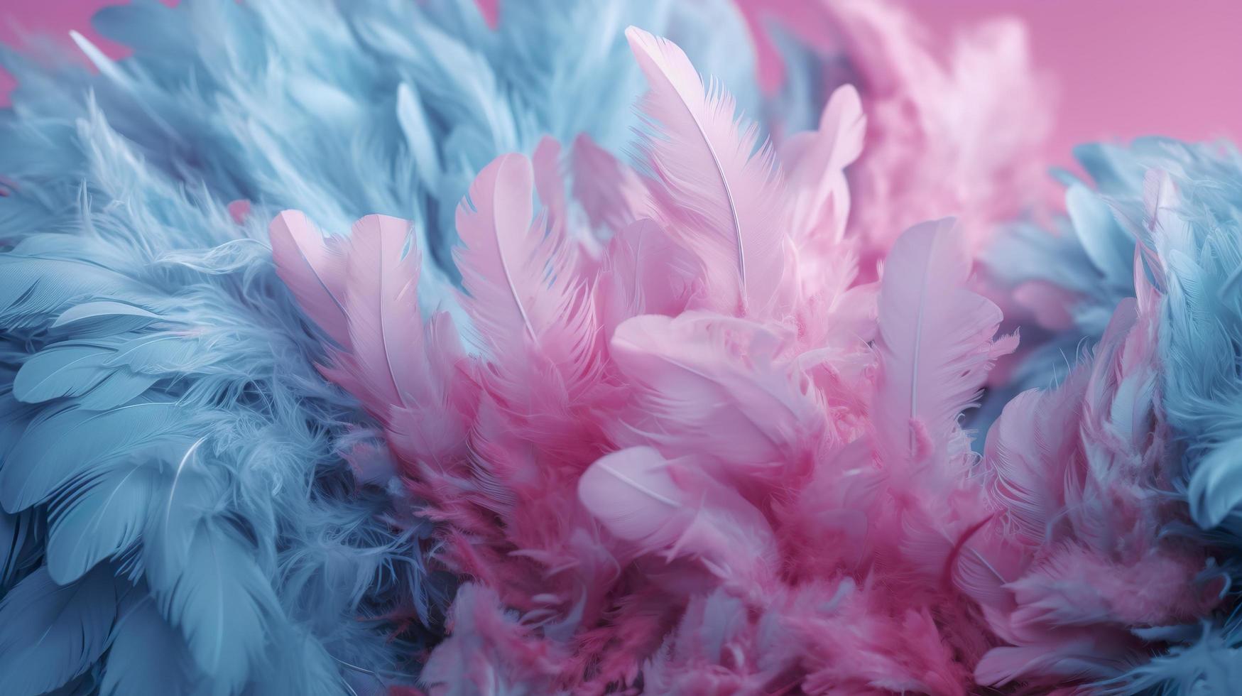 a bright blue background with one Deep Carmine Pink  Flamingo feathers, in the style of soft and dreamy pastels, glimmering light effects, nature-inspired imagery, generat ai photo