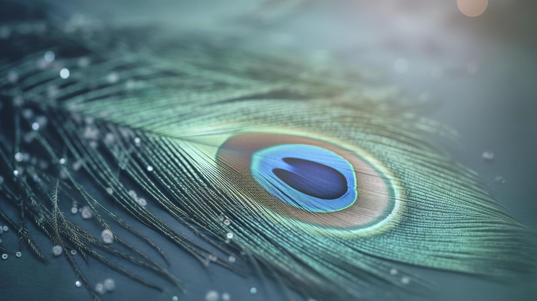 a bright blue background with one peacock feather, in the style of soft and dreamy pastels, glimmering light effects, nature-inspired imagery, generat ai photo