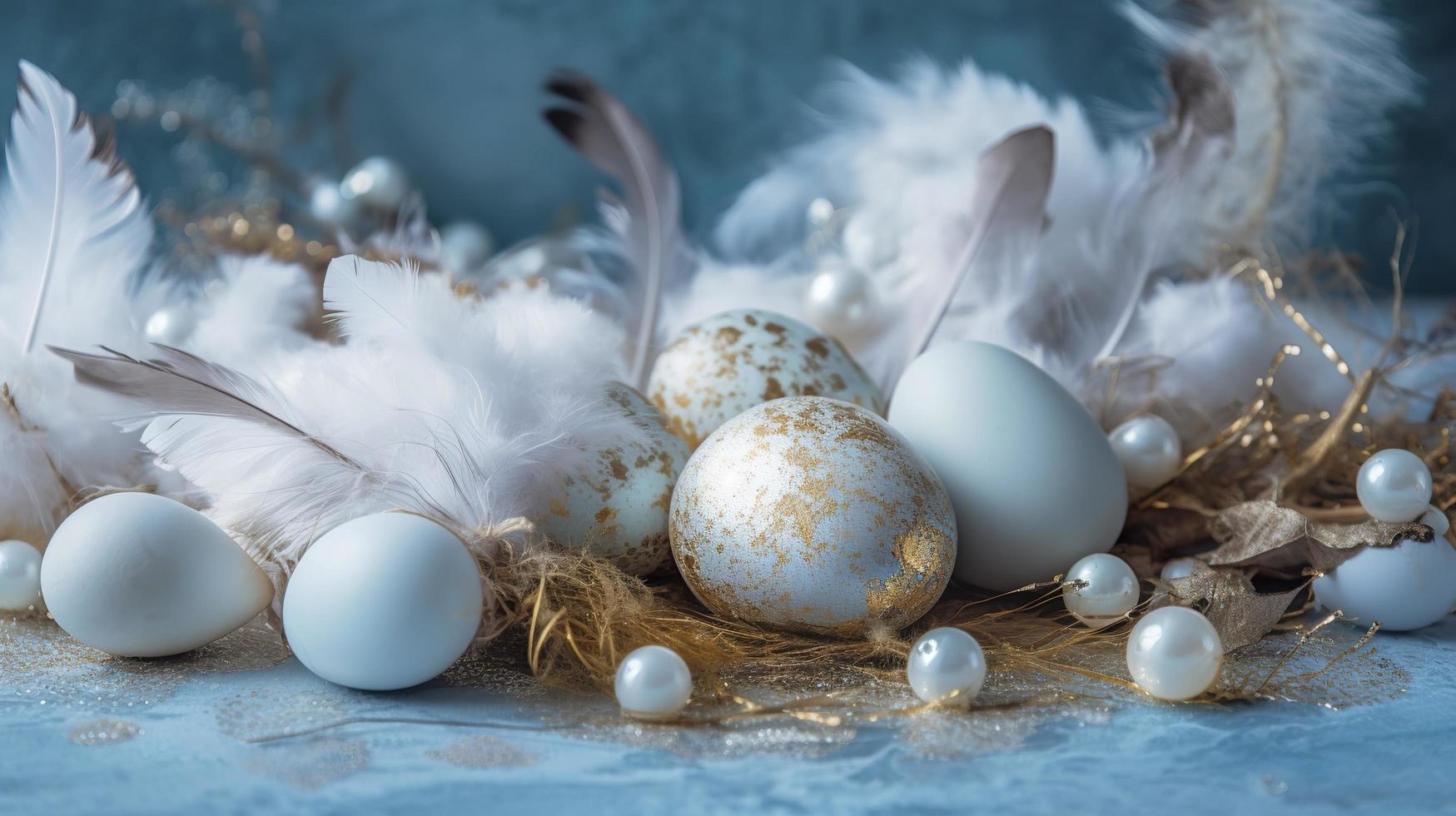 a bright blue background with one white Down feathers and eggs, in the style of soft and dreamy pastels, glimmering light effects, nature-inspired imagery, generat ai photo