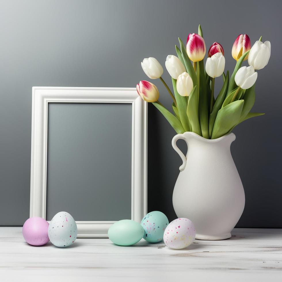 Free photo easter eggs with tulips in vase and blank frame, generat ai