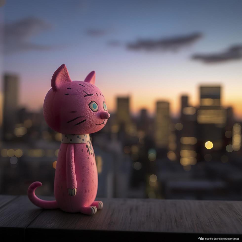 an anthropomorphic pink cat in Bojack Horseman animation style, reflecting on life while gazing over the skyline of Buenos Aires from a rooftop during twilight, generat ai photo